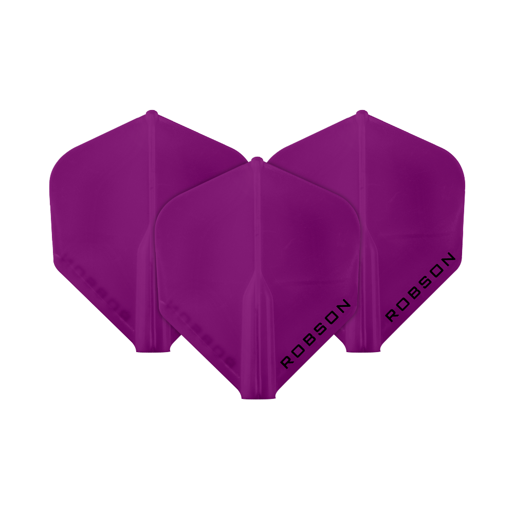 Das Bild zeigt drei violette Dartflights der Marke Robson. Auf jedem Flight steht das Wort "ROBSON" in schwarzer Schrift.