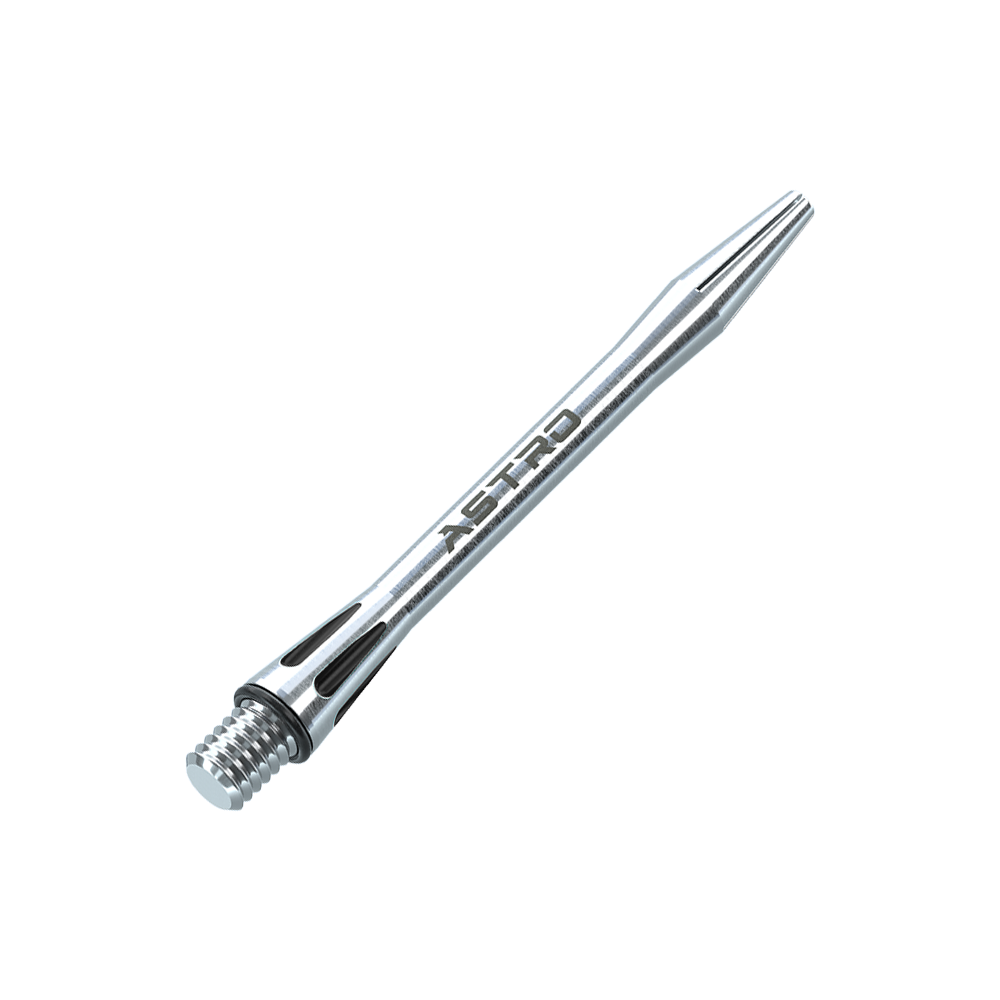 7012-201_Winmau_Astro_Aluminium_Shafts_Schwarz_46mm_2 Das Bild zeigt einen Winmau Astro Aluminium Schaft in der Farbe Schwarz. Der Schaft hat einen schlanken, silbernen Look mit dem Schriftzug "ASTRO" darauf.