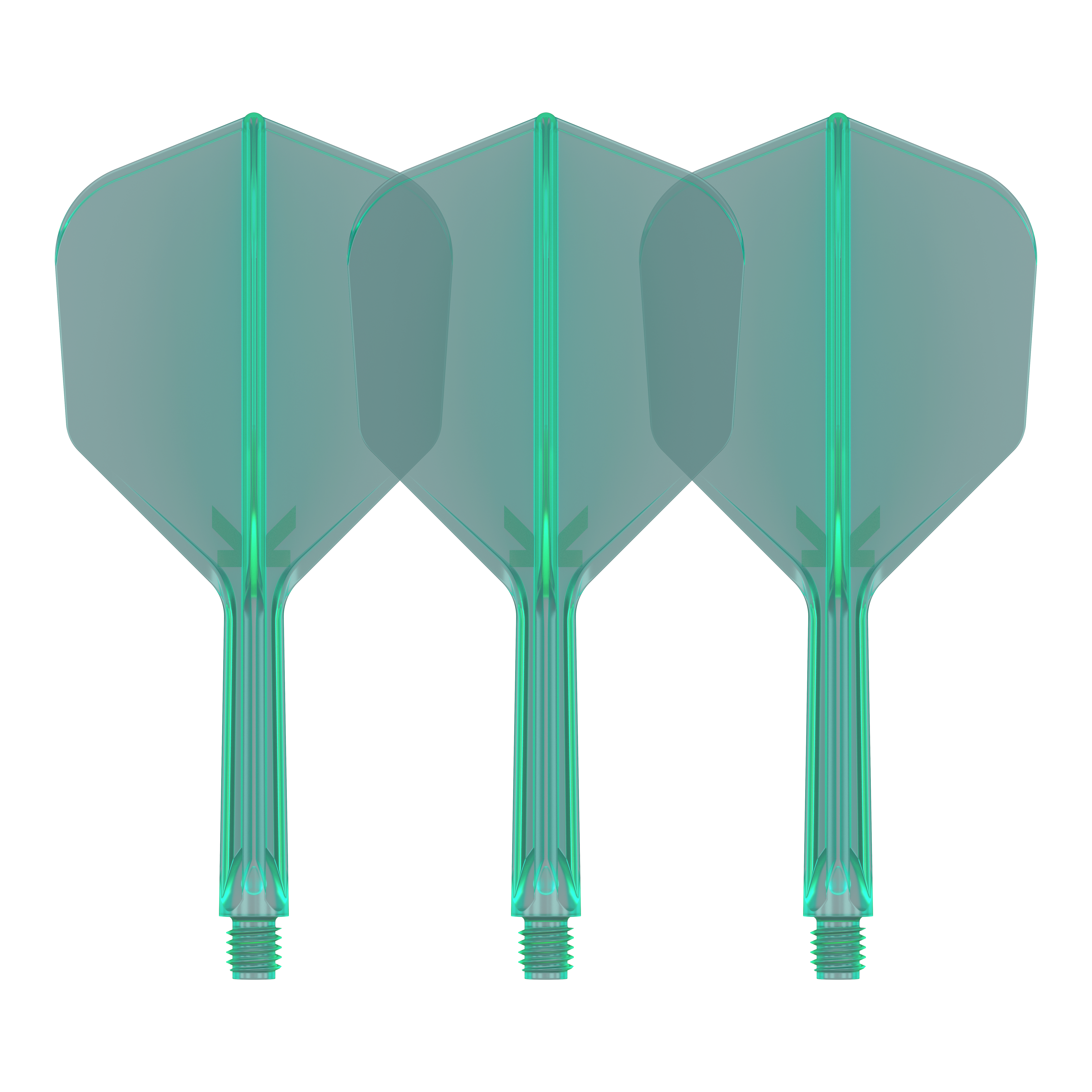 Das Bild zeigt drei grüne Dart-Flights mit integrierten Schäften. Sie sind nebeneinander angeordnet und haben eine transparente Optik.