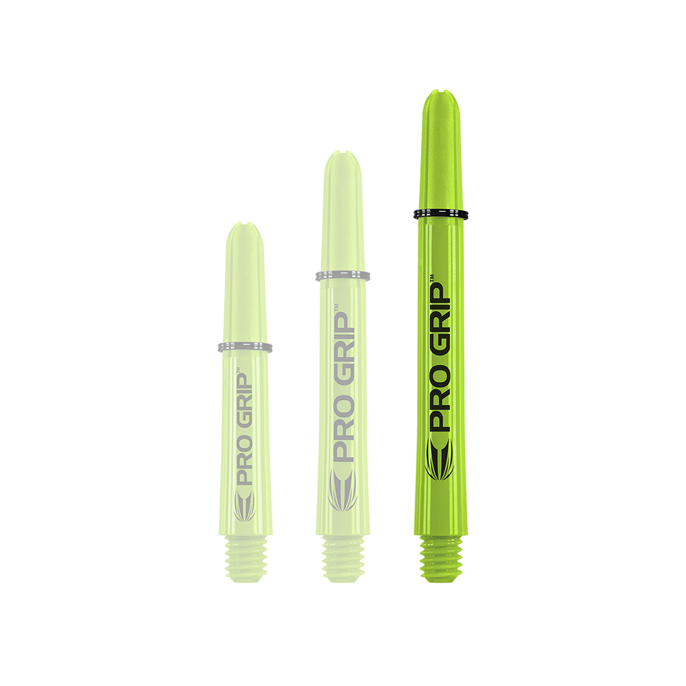 Auf dem Bild sind drei limegrüne Pro Grip Shafts abgebildet. Sie stehen nebeneinander in unterschiedlichen Längen.