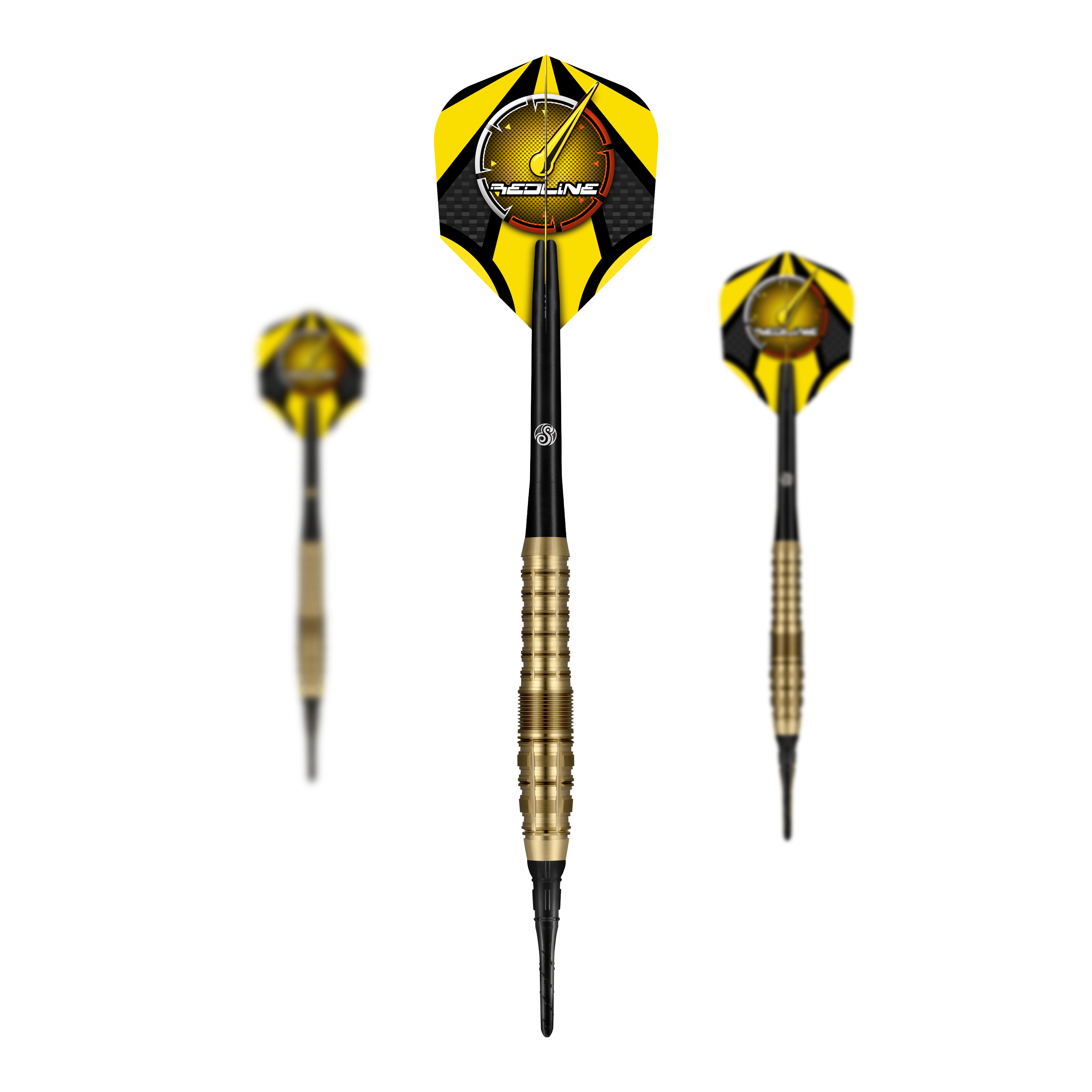 Shot Redline Gizmo Softdarts - 20g Das Bild zeigt drei Softdarts des Produkts "Shot Redline Gizmo Softdarts - 20g". Die Darts haben gelb-schwarze Flights und einen gerillten, goldfarbenen Schaft.