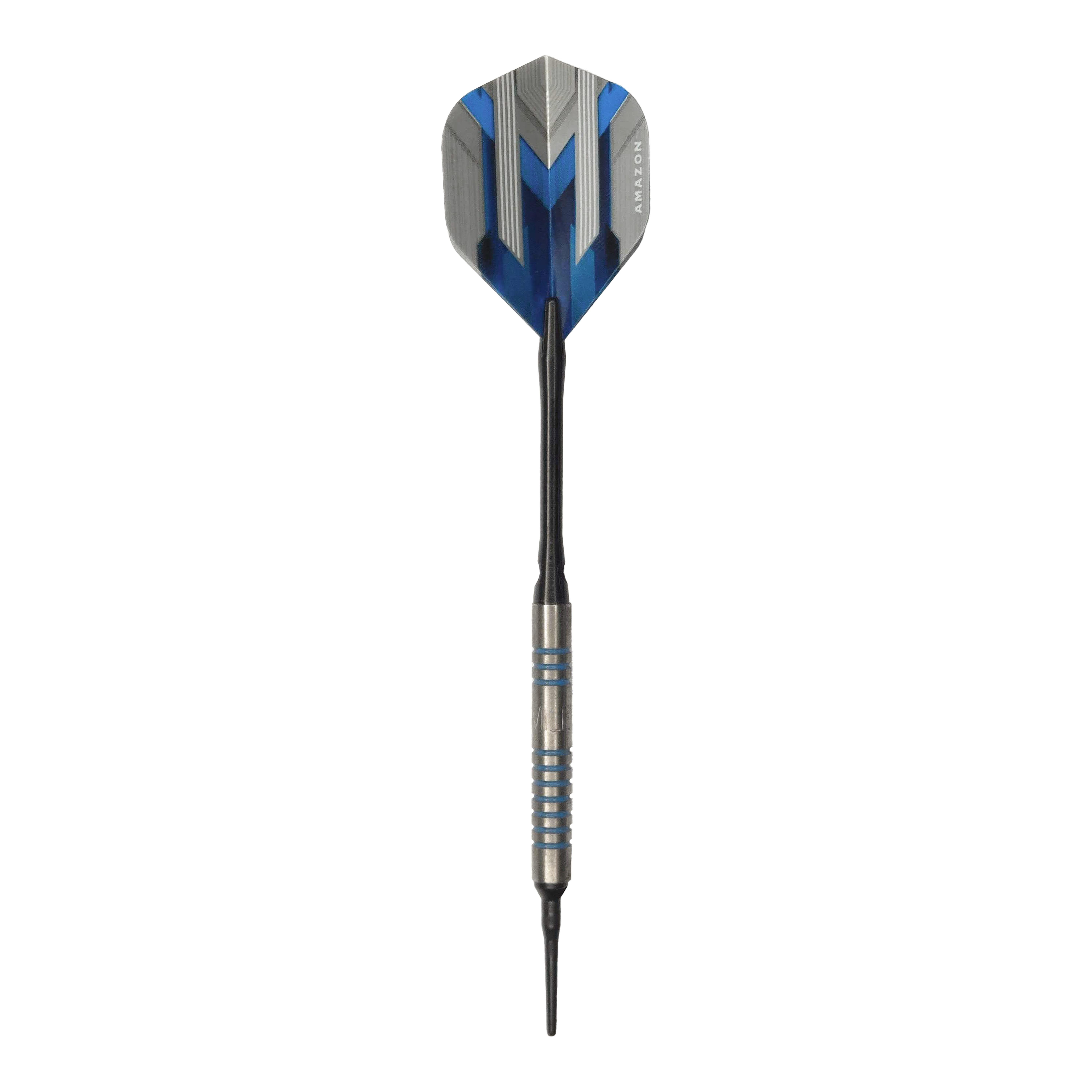 McDart 85er Tungsten V1 Softdarts - 17g Dies ist ein McDart 85er Tungsten V1 Softdart mit einem Gewicht von 17g. Der Dart hat blaue und silberne Akzente und eine schwarze Spitze.