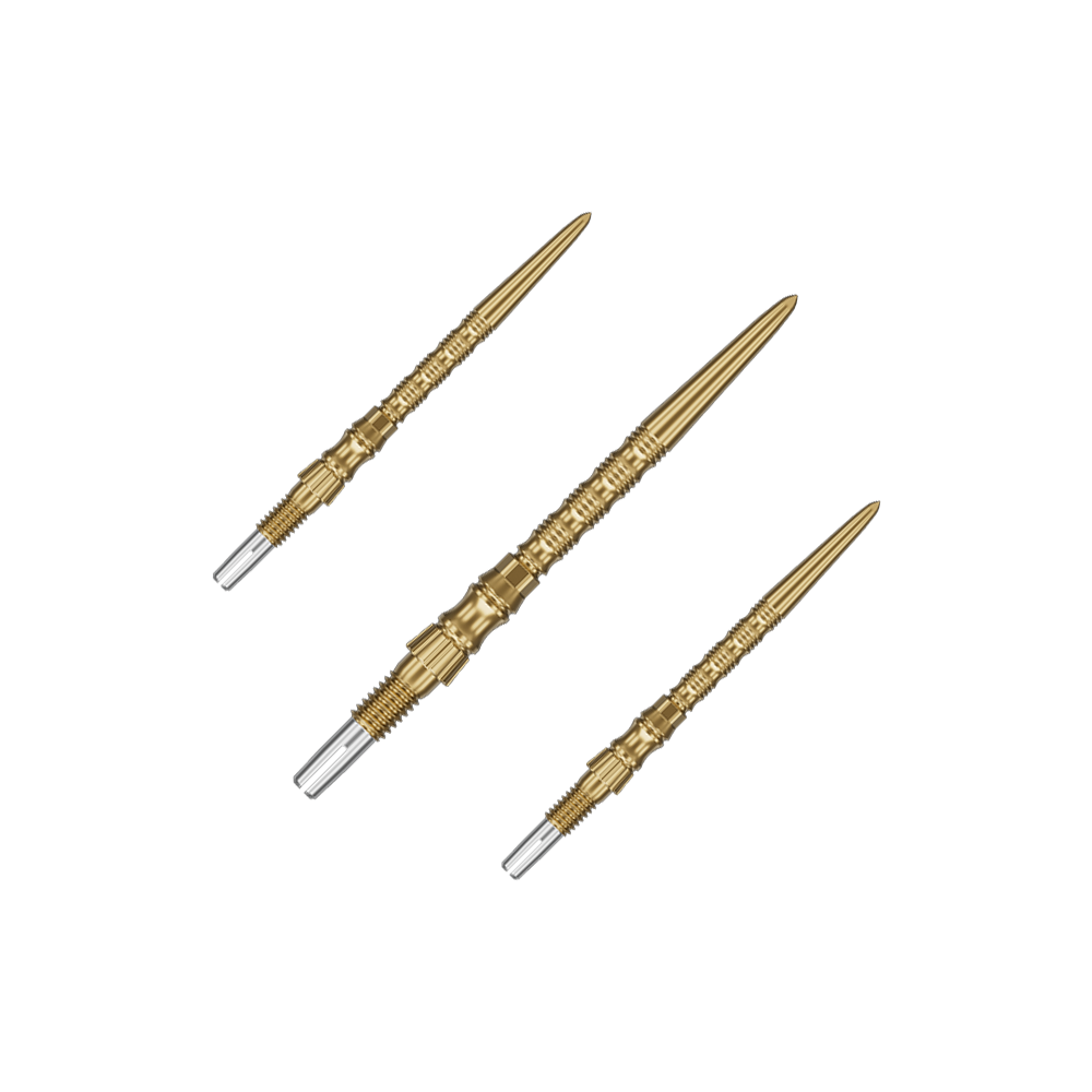 Target Signature Swiss Point TRB Steeldartspitzen - Gold Ein Set von Target SwissPoint Signature TRB Dartspitzen in Gold mit 30mm Länge ist zu sehen. Die Dartspitzen sind ordentlich angeordnet.
