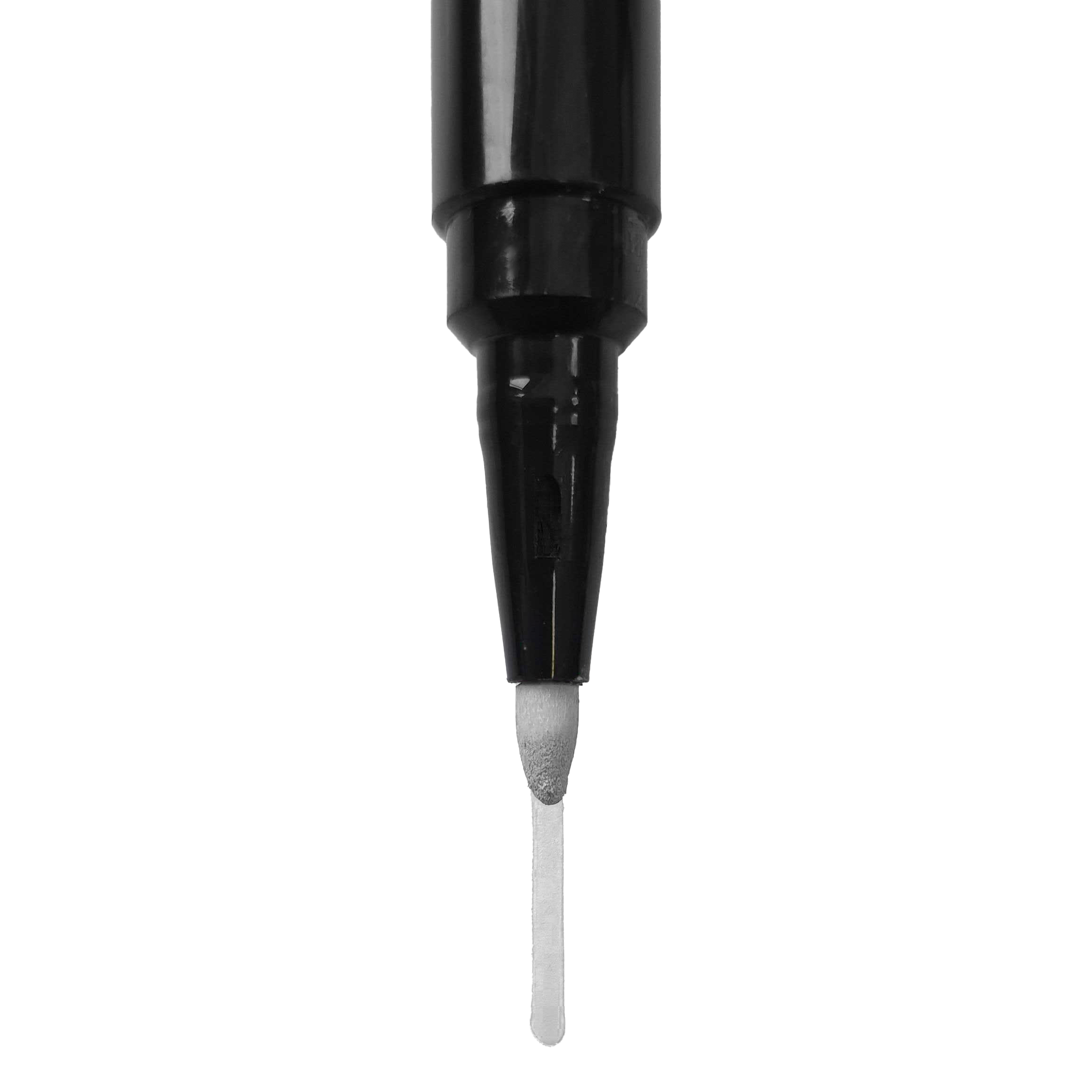 Board Marker Dies ist die Spitze eines schwarzen Whiteboard-Markers. Die Spitze ist rund und gibt eine gleichmäßige, weiße Linie ab.
