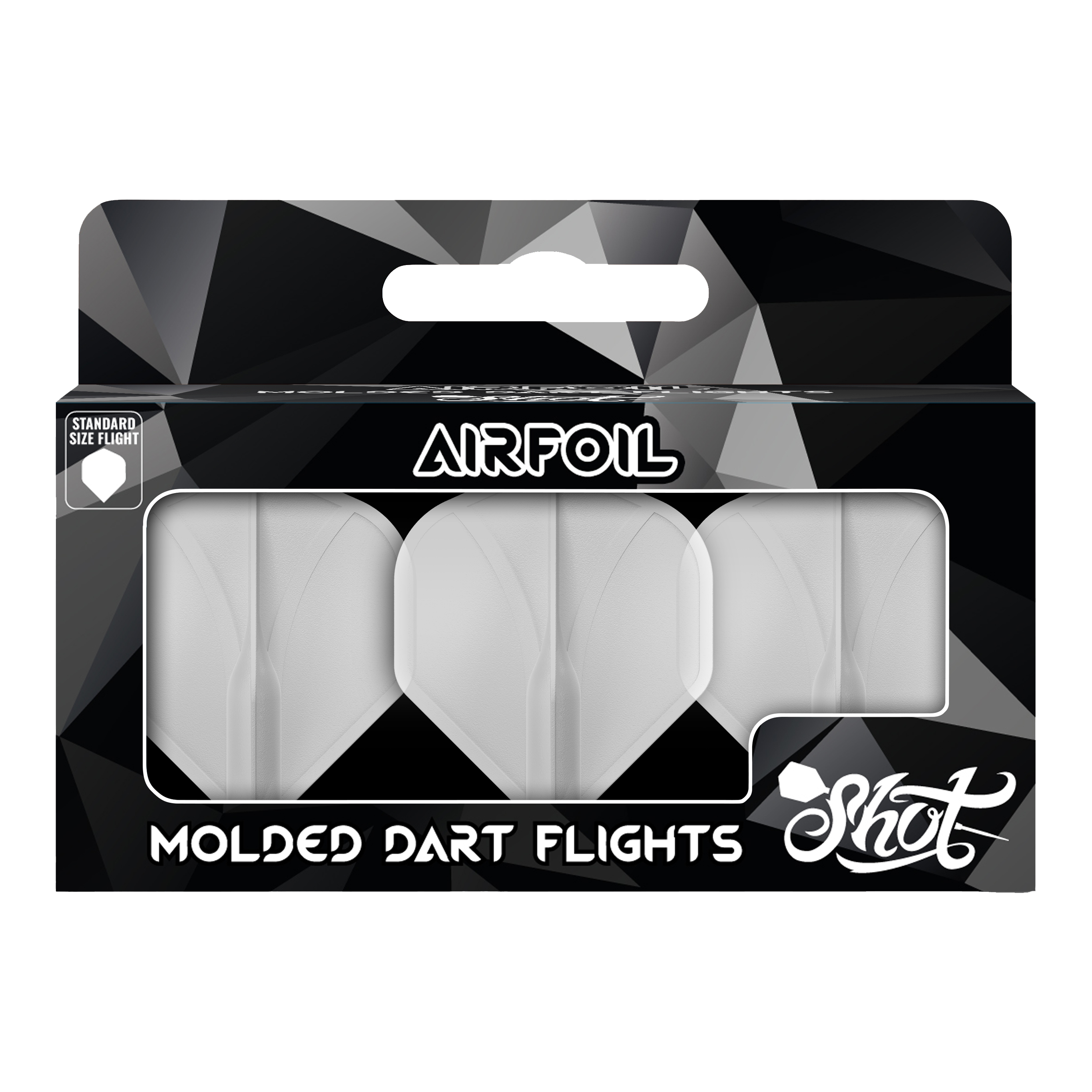 Auf dem Bild ist eine Packung mit geformten Dart-Flights der Marke Shot zu sehen. Die Flights sind durchsichtig und in einer schwarzen Verpackung mit der Aufschrift "Airfoil" präsentiert.