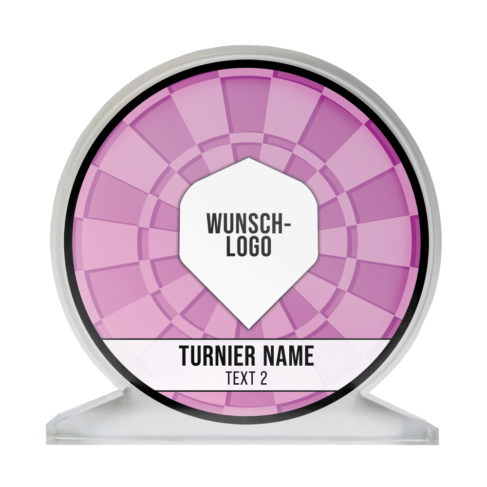 ACP-Pink_Acrylglas_Pokal_mit_Wunschdruck_Logo_Pink_1 Auf dem Bild ist ein runder Acrylglas-Pokal mit pinkem Hintergrund und geometrischem Muster zu sehen. In der Mitte steht "WUNSCH-LOGO" und unten befindet sich Platz für den Turniernamen und weiteren Text.