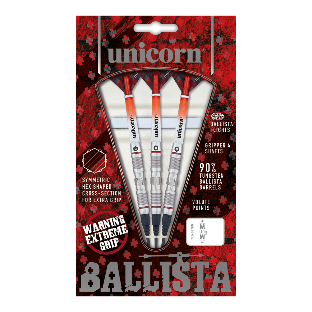 Unicorn Ballista Style 2 Softdarts Das Bild zeigt eine Packung „Unicorn Ballista Style 2 Softdarts“. In der Packung befinden sich drei Softdarts mit silbernen und orangenen Details.