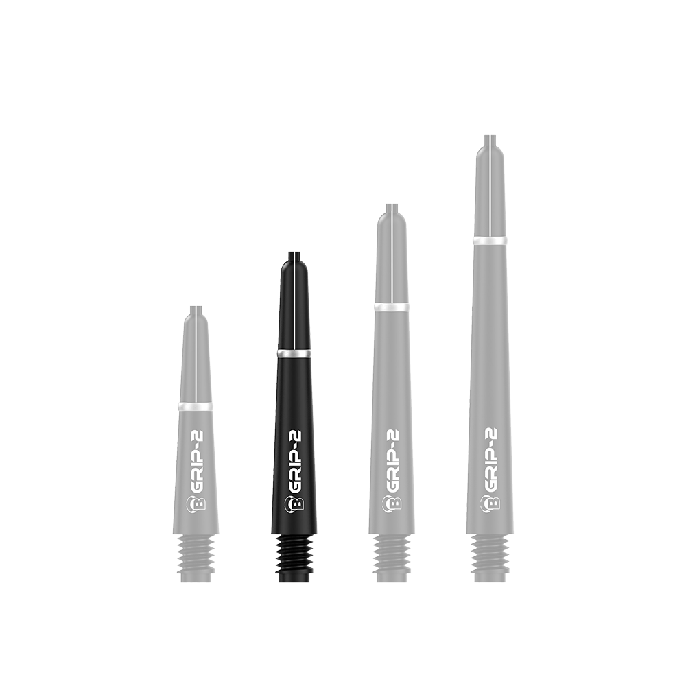 BS55071_Bulls_B-Grip-2_SL_Shafts_Schwarz_35mm_1G4shay4uqDZA2 Das Bild zeigt vier schwarze Bulls B-Grip-2 SL Shafts in unterschiedlicher Länge. Die Shafts sind mit weißer Schrift und einem silbernen Ring am oberen Ende versehen.
