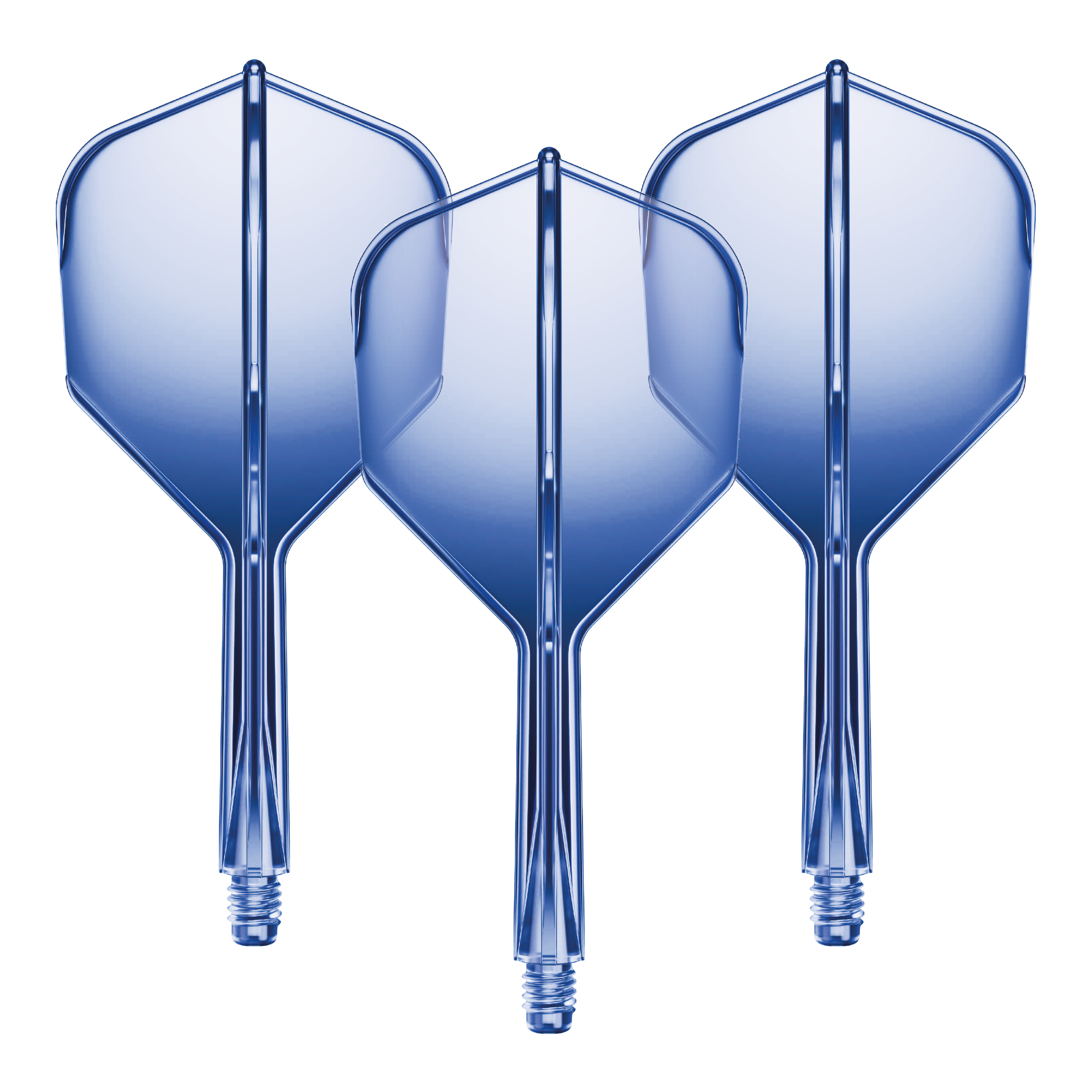 Das Bild zeigt drei blaue Dartflights mit integriertem Schaft. Sie sind nebeneinander angeordnet und aus durchsichtigem Kunststoff gefertigt.