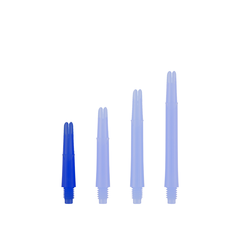 L-Style L-Shafts Locked Straight - Blue 130 Auf dem Bild sind vier blaue, gerade Dartschäfte in unterschiedlichen Längen zu sehen. Sie stehen nebeneinander auf weißem Hintergrund.