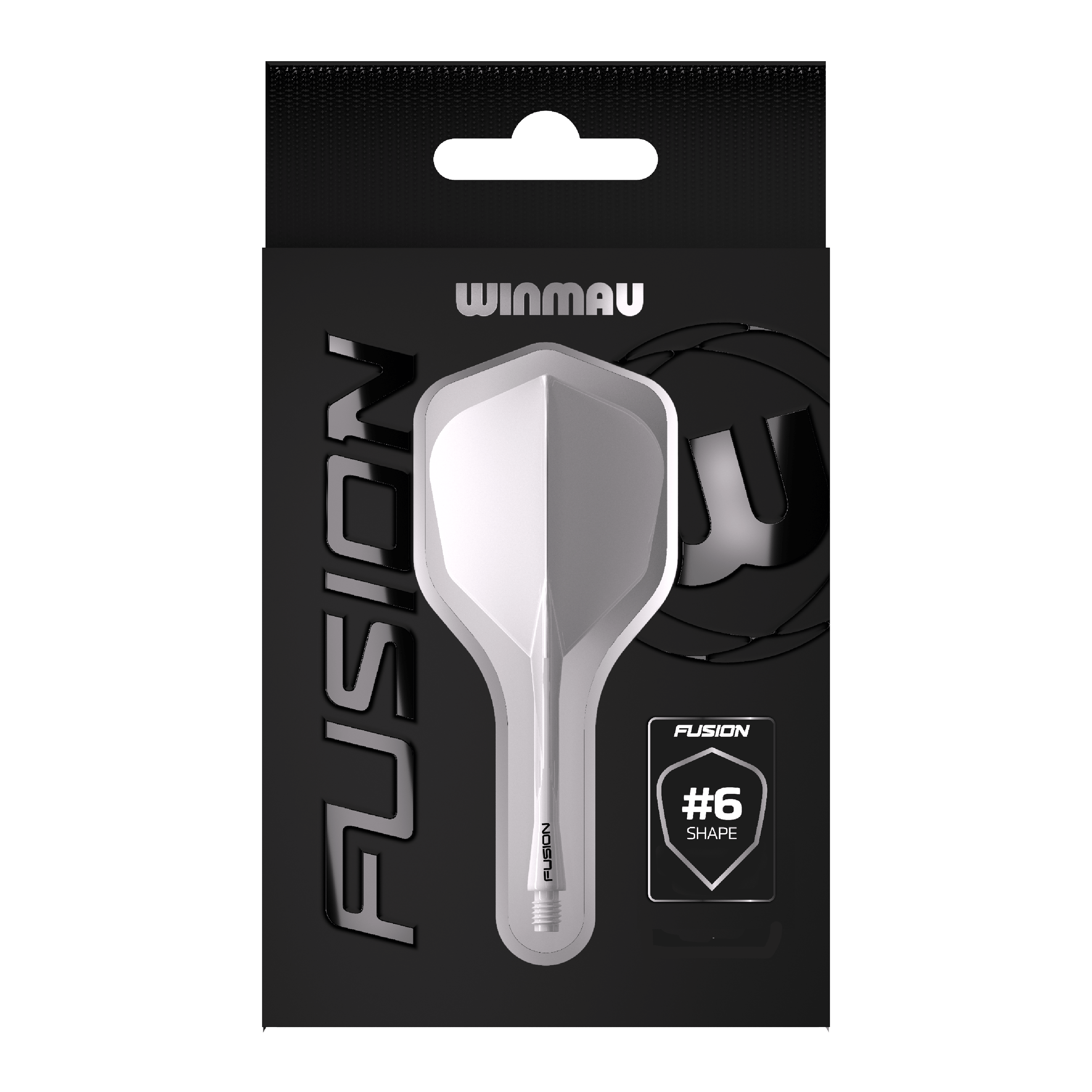 Winmau Fusion Flight-Shaft-System No6 Clear Das Bild zeigt die Verpackung des Produkts "Winmau Fusion Flight-Shaft-System No6 Clear". In der Mitte ist das transparente Flight-Shaft-System im #6-Shape deutlich zu sehen.