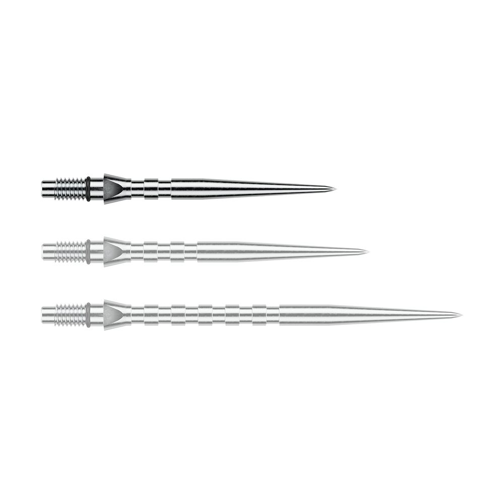 Winmau Switch Point Groove Steeldartspitzen - Silver Effect Abgebildet ist eine einzelne silberne Steeldartspitze mit Rillen, vermutlich vom Typ 'Switch Point Groove Silver Effect' und 26mm. Diese Spitze eignet sich für Steeldarts.