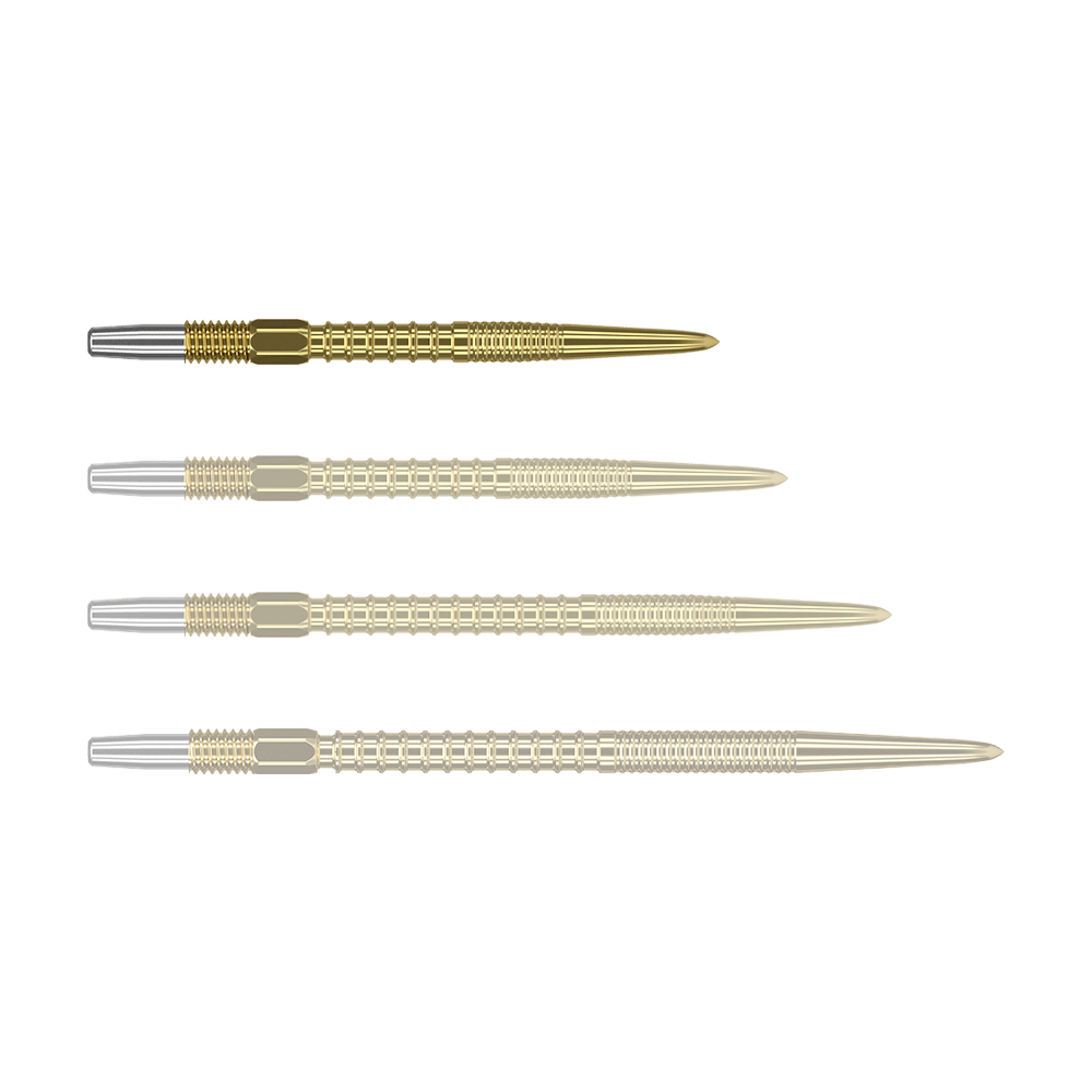 Das Bild zeigt vier goldfarbene Dartspitzen, die nebeneinander angeordnet sind. Die Spitzen haben eine glänzende Metalloptik und sind am hinteren Ende silberfarben.