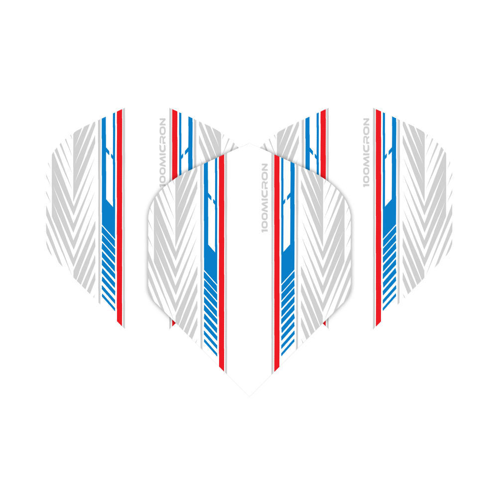 Pentathlon Flights weiß/blau/rot Das Bild zeigt die Pentathlon White Blue Red No2 Standard Flights. Sie haben ein weißes Design mit blauen und roten Streifen sowie grauen Mustern.