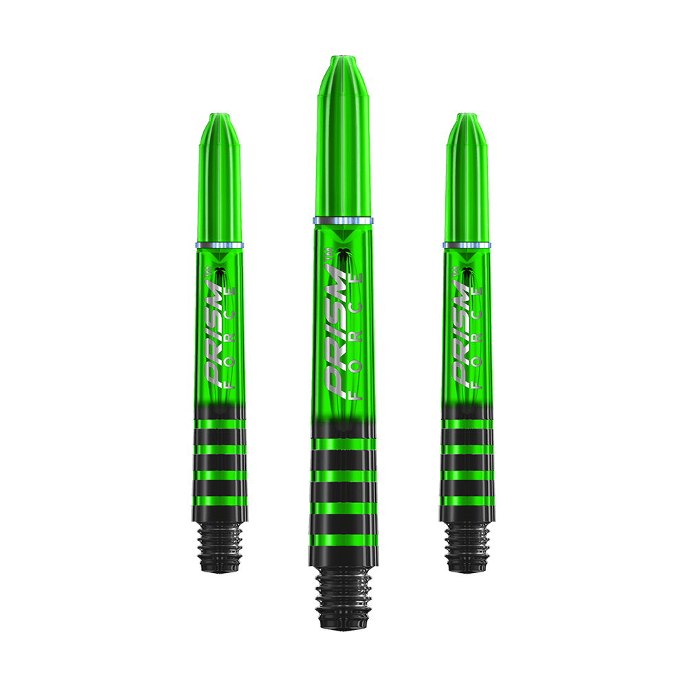 7020-105_Winmau_Prism_Force_Shafts_Gr-n_35mm_1 Auf dem Bild sind drei grüne Dartschäfte mit schwarzen Streifen zu sehen. Auf den Schäften steht der Schriftzug "PRISM FORCE".