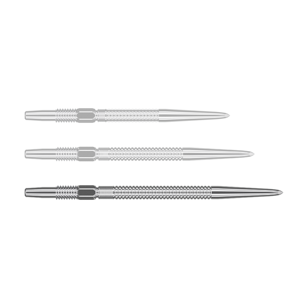 Das Bild zeigt drei silberne Dartspitzen des Produkts "Target Swiss Point GRD Silver Dartspitzen". Sie sind nebeneinander angeordnet und haben eine feine Riffelung für besseren Halt.