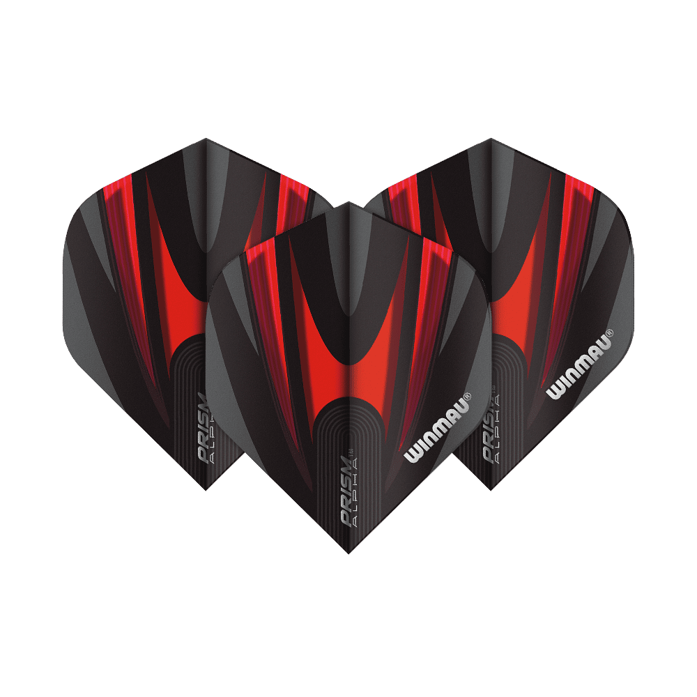 6915-167_Winmau_Prism_Alpha_6915-167_Standard_Flights_1ZUyc0ozJjctRl Das Bild zeigt drei Dart-Flights des Modells „Winmau Prism Alpha 6915.167 Standard“. Sie sind schwarz mit roten und grauen Akzenten und tragen das Winmau-Logo.
