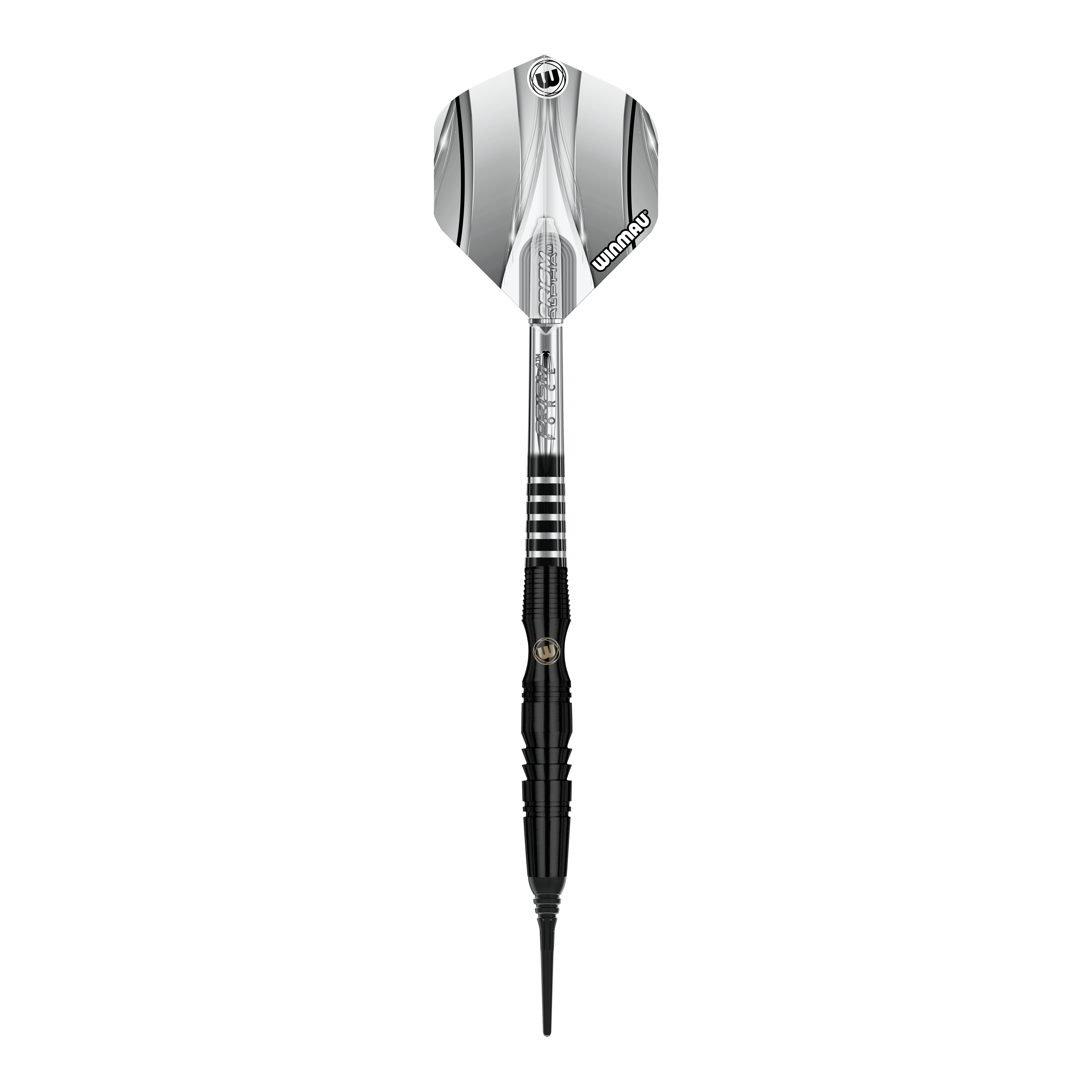 Winmau Sniper Black Softdarts - 20g Das Bild zeigt einen Winmau Sniper Black Softdart mit einem Gewicht von 20 Gramm. Der Dart ist überwiegend schwarz mit silbernen Akzenten und besitzt eine schwarze Softspitze.