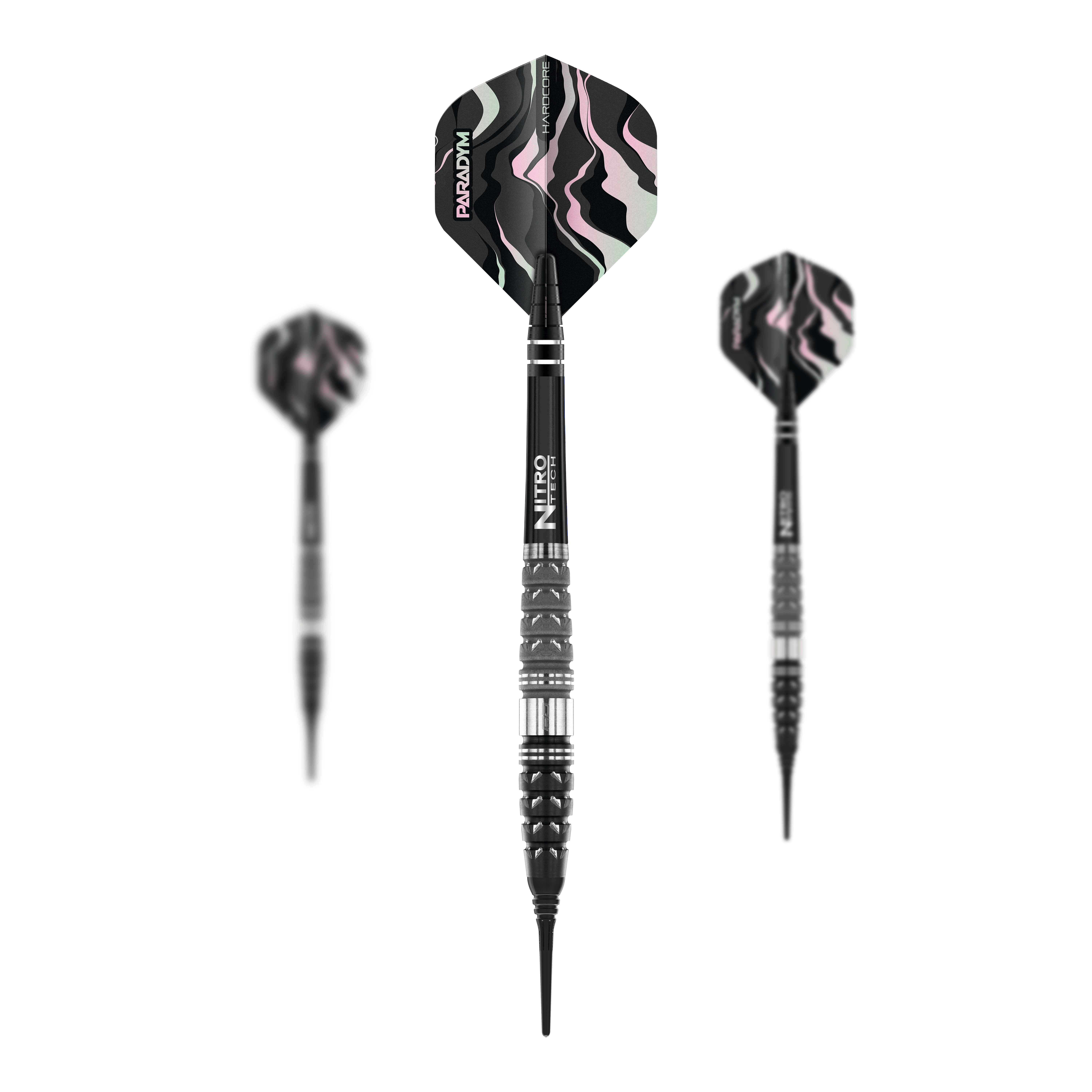 Red Dragon Paradym Torpedo Softdarts - 20g Das Bild zeigt drei Softdarts des Modells "Red Dragon Paradym Torpedo - 20g". Die Darts haben schwarze, silberne und gemusterte Flights mit einem modernen Design.