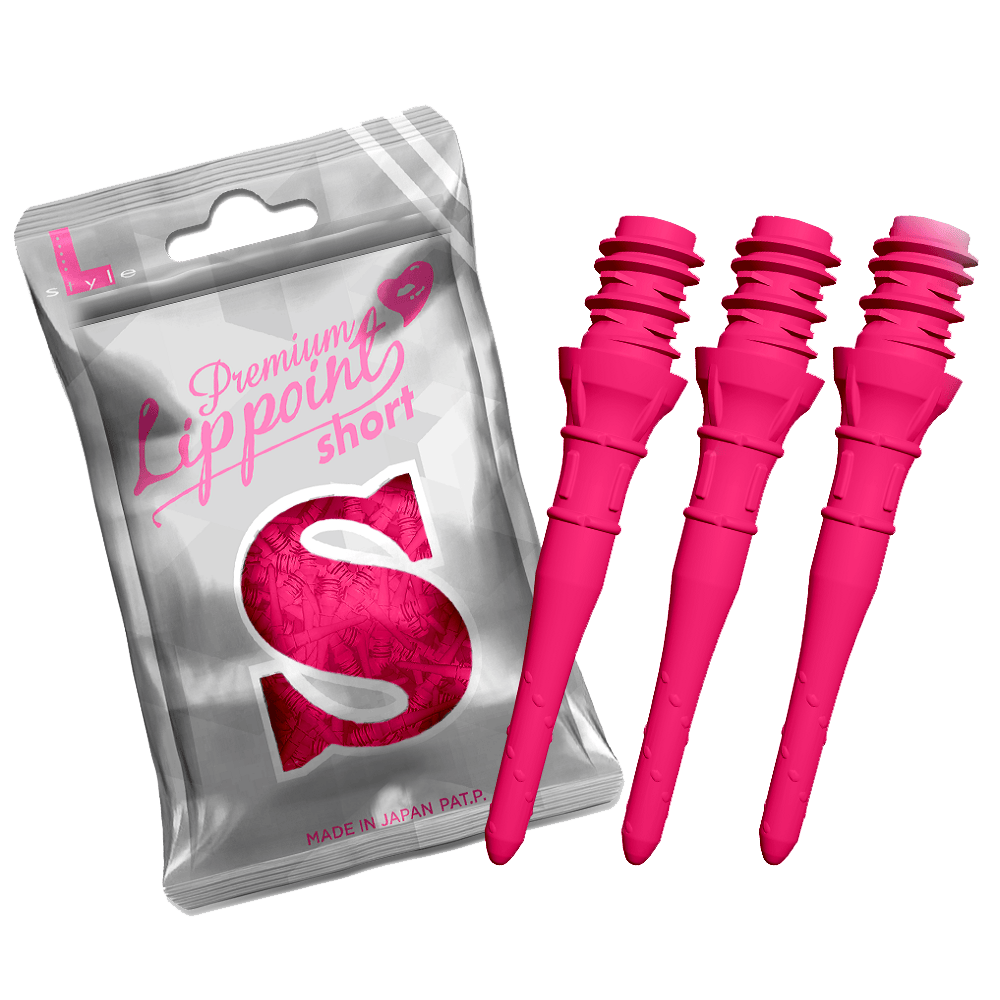Auf dem Bild ist eine silberne Verpackung mit der Aufschrift „Premium Lipppoint short“ zu sehen. Daneben sind drei kurze, neonpinke Dartspitzen abgebildet.