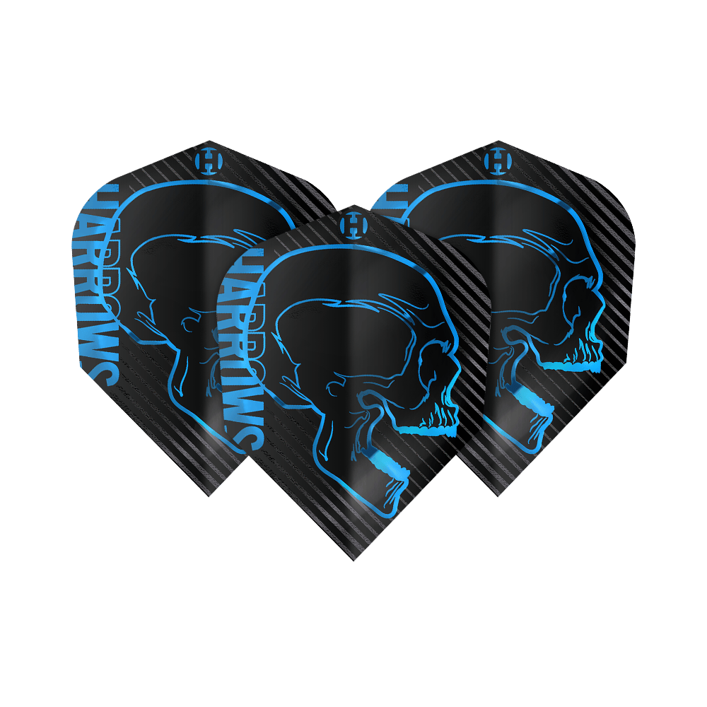 Harrows Rage Aqua No6 Flights Das Bild zeigt drei schwarze Dart-Flights mit einem blauen Totenkopf-Design und dem Schriftzug "Harrows". Die Flights gehören zum Produkt "Harrows Rage Aqua No6".