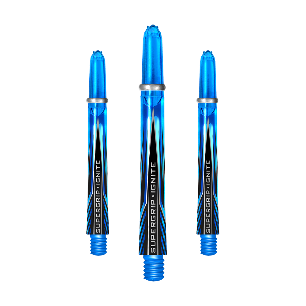 HR388_Harrows_Supergrip_Ignite_Shafts_Aqua_47mm_1KeqTSJgsEbHED Das Bild zeigt drei blaue Dartschäfte mit der Aufschrift "Supergrip Ignite". Es handelt sich um das Produkt "Harrows Supergrip Ignite Shafts - Aqua".