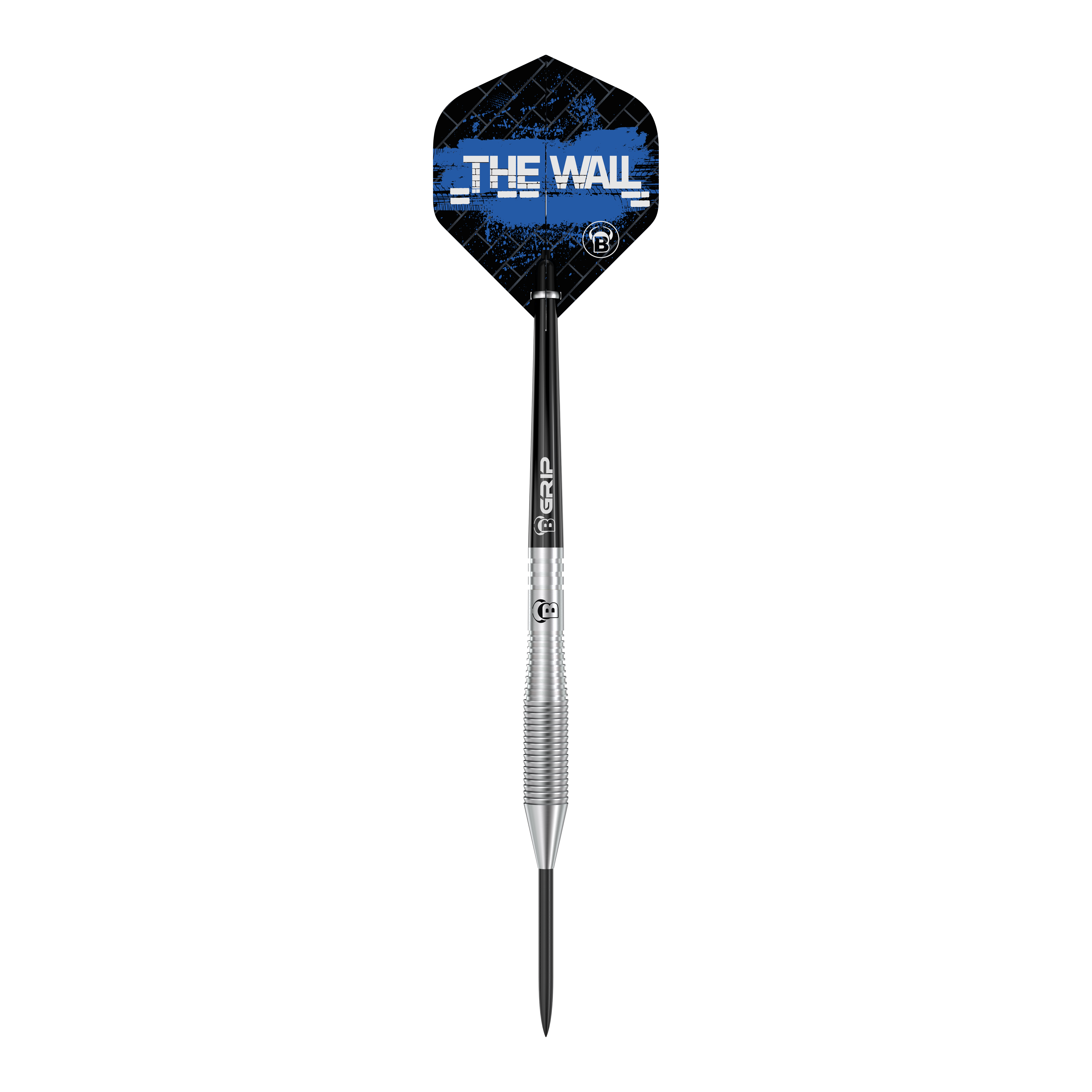 Bulls Martin Schindler TW80 Steeldarts Das Bild zeigt einen Bull's Martin Schindler TW80 Steeldartpfeil. Auf dem Flight steht in weißer Schrift "THE WALL" vor einem blauen Hintergrund.
