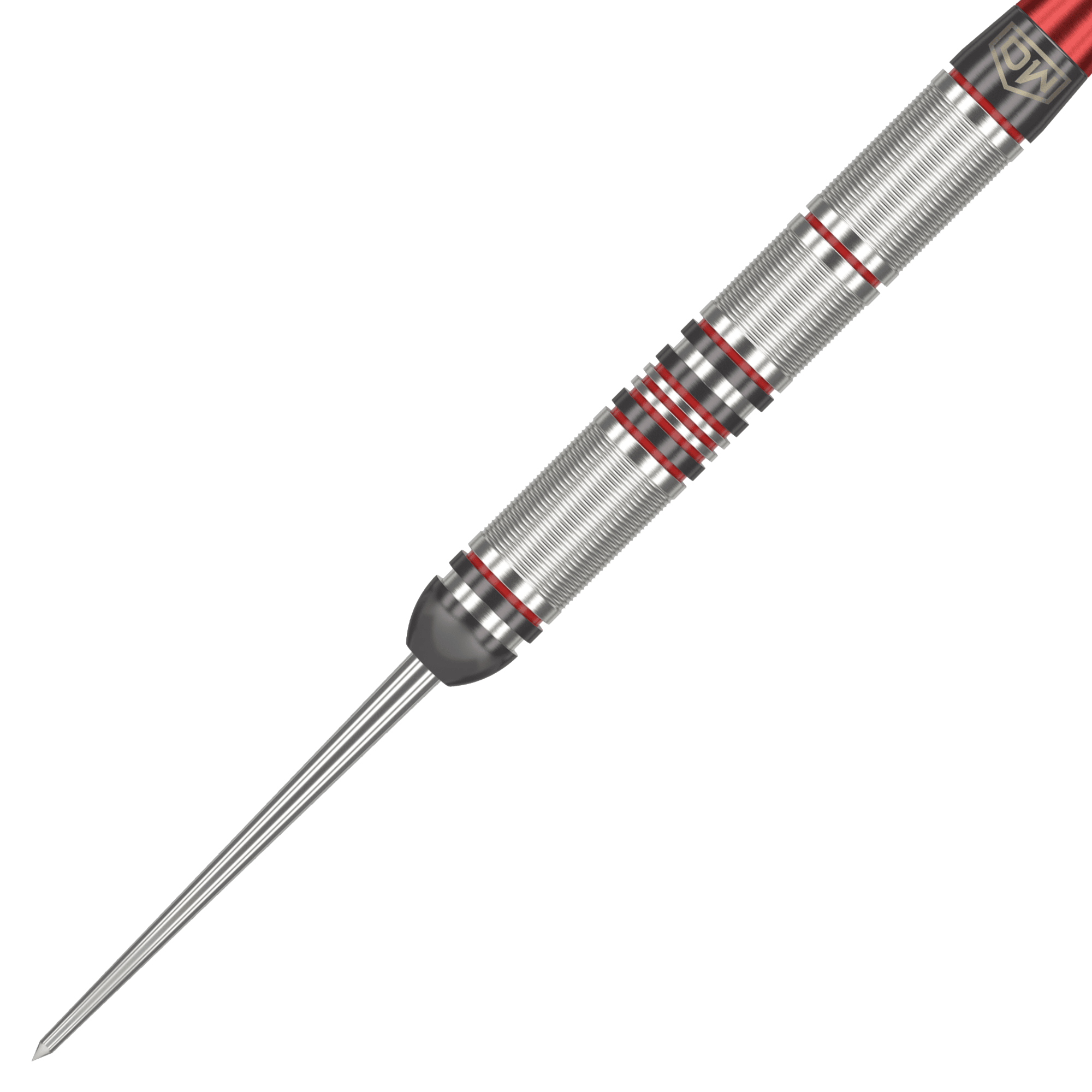 DW Piranha Razor 01 Steeldarts Das Bild zeigt einen DW Piranha Razor 01 Steeldart. Der Dartpfeil ist silbern mit roten Akzenten und hat eine feine Griffstruktur.