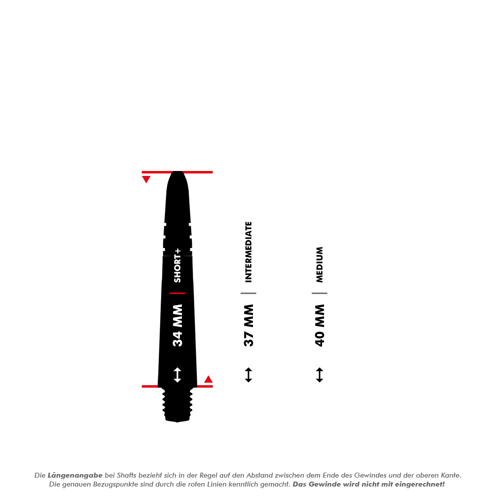 7025_Winmau_Vecta_Shafts_5_34mmlzlSChaLOG7Hg Das Bild zeigt verschiedene Längenangaben der Winmau Vecta Shafts in Gelb. Die Längen werden zwischen dem Ende des Gewindes und der oberen Kante gemessen, wobei das Gewinde nicht mitgerechnet wird.