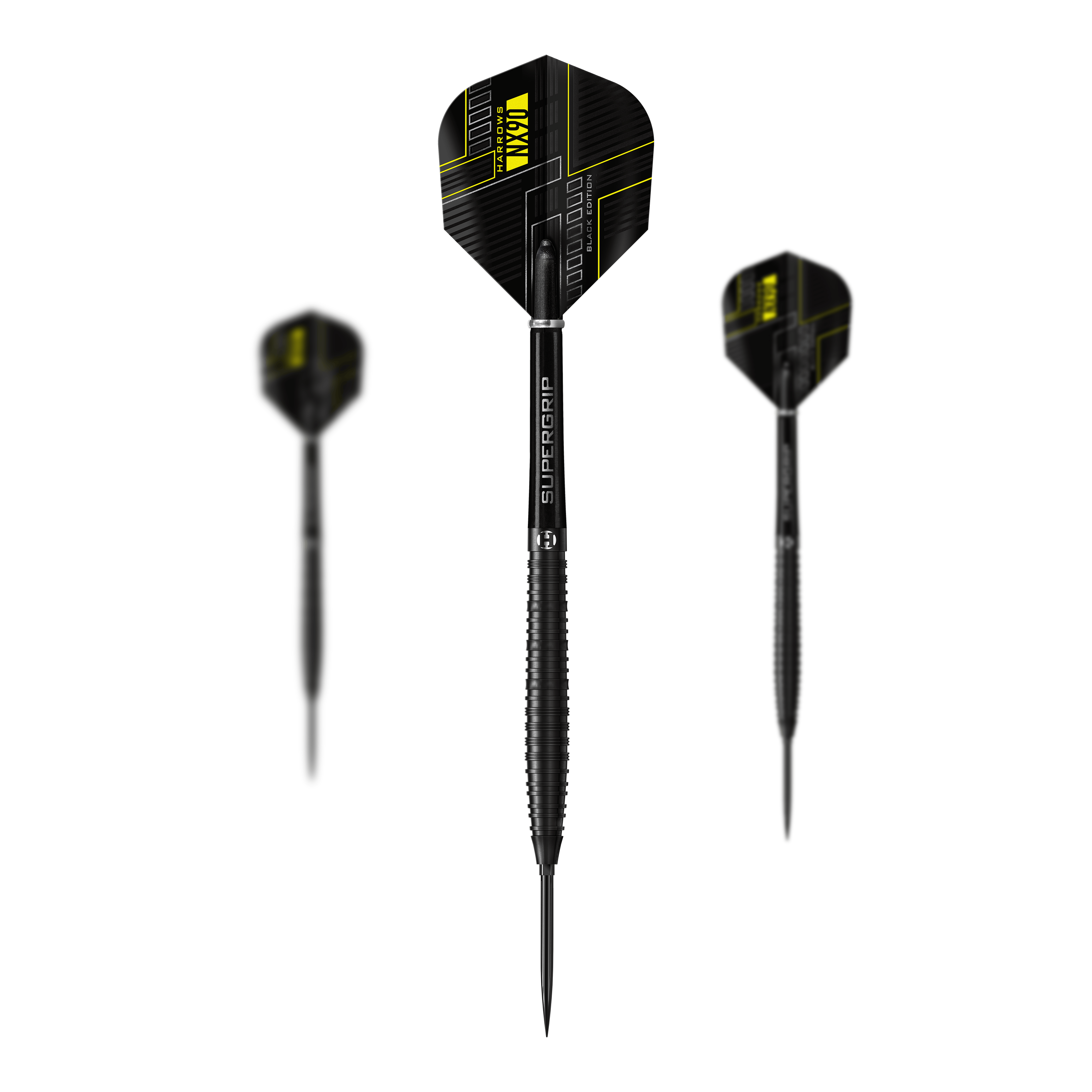 Harrows NX90 Black Edition Tapered Quick Point Steeldarts Abgebildet sind die Harrows NX90 Black Edition Tapered Quick Point Steeldarts als Set. Das Bild zeigt die Zusammenstellung der Darts.