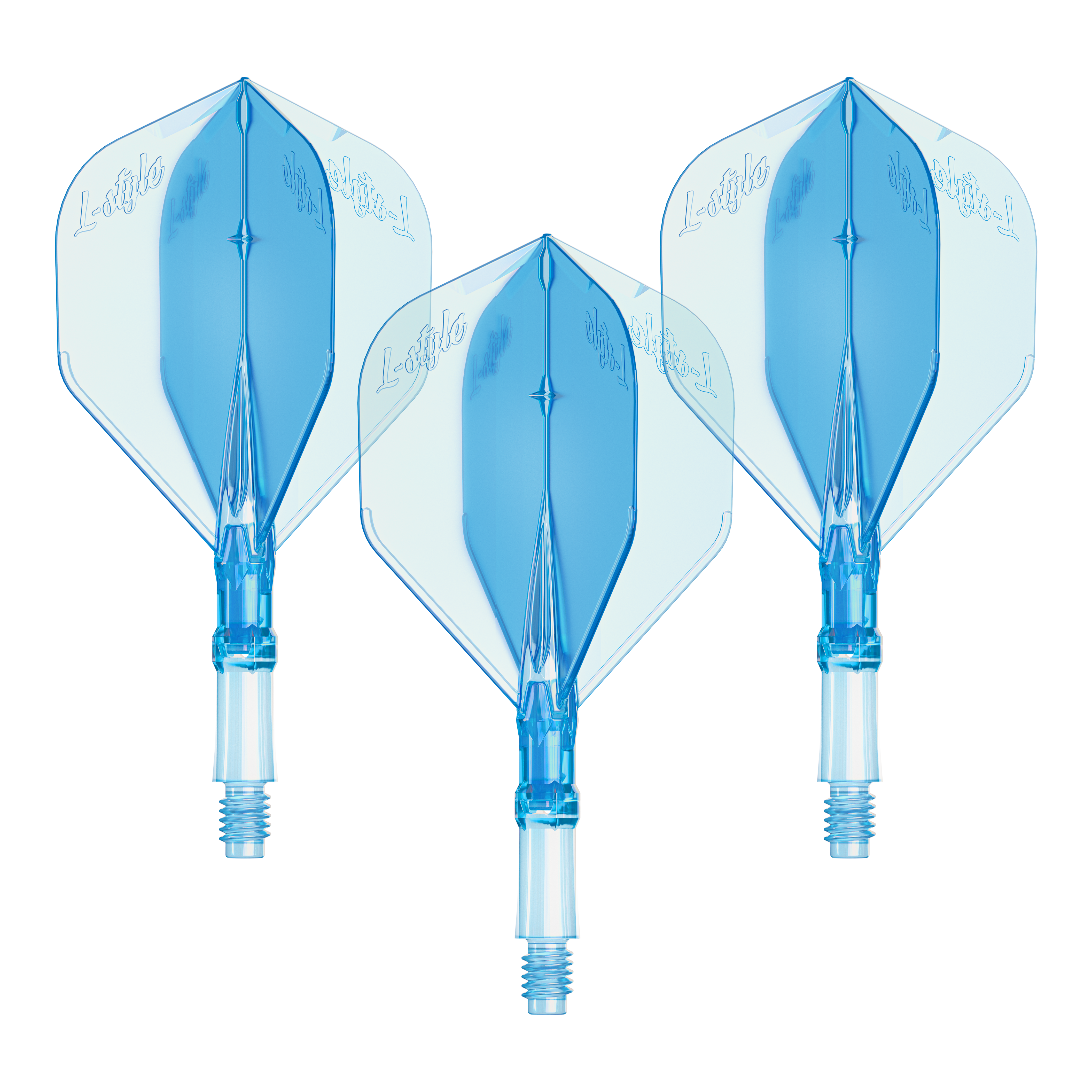 L-Style L-Sytem Flights - Clear Blue-190 Dieses Bild zeigt ein Set von L-Style L-System Flights in klarer blauer Farbe, Größe Small. Es ist ein Zubehörteil für Dartpfeile.