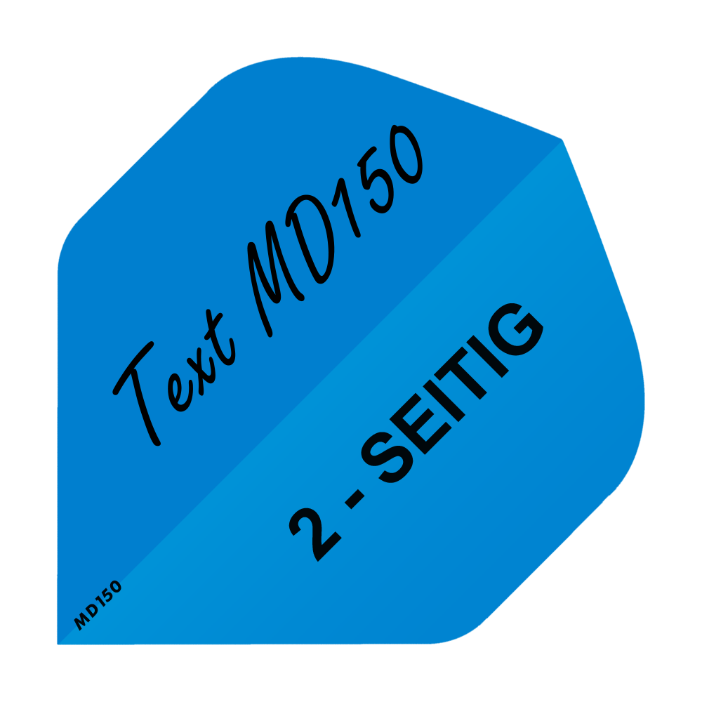 MD-206_2-Seitig_Bedruckte_Flights_Wunschtext_MD150_Blau_Standard_1 Das Bild zeigt ein blaues Quadrat mit dem Text „Text MD150“ und „2-SEITIG“ darauf. In der unteren linken Ecke steht klein „MD150“.