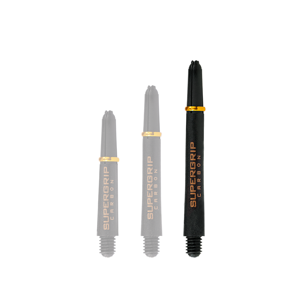 Das Bild zeigt drei schwarze Harrows Supergrip Carbon Shafts mit goldenen Akzenten. Die Shafts sind in verschiedenen Längen angeordnet.