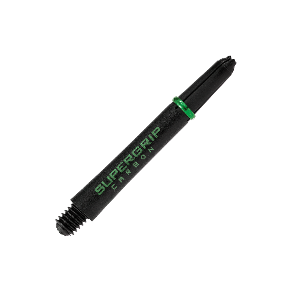 HR361_Harrows_Supergrip_Carbon_Shafts_Gr-n_40mm_2 Das Bild zeigt einen Harrows Supergrip Carbon Shaft in Grün. Der Schaft ist schwarz mit grüner Schrift und einem grünen Ring.