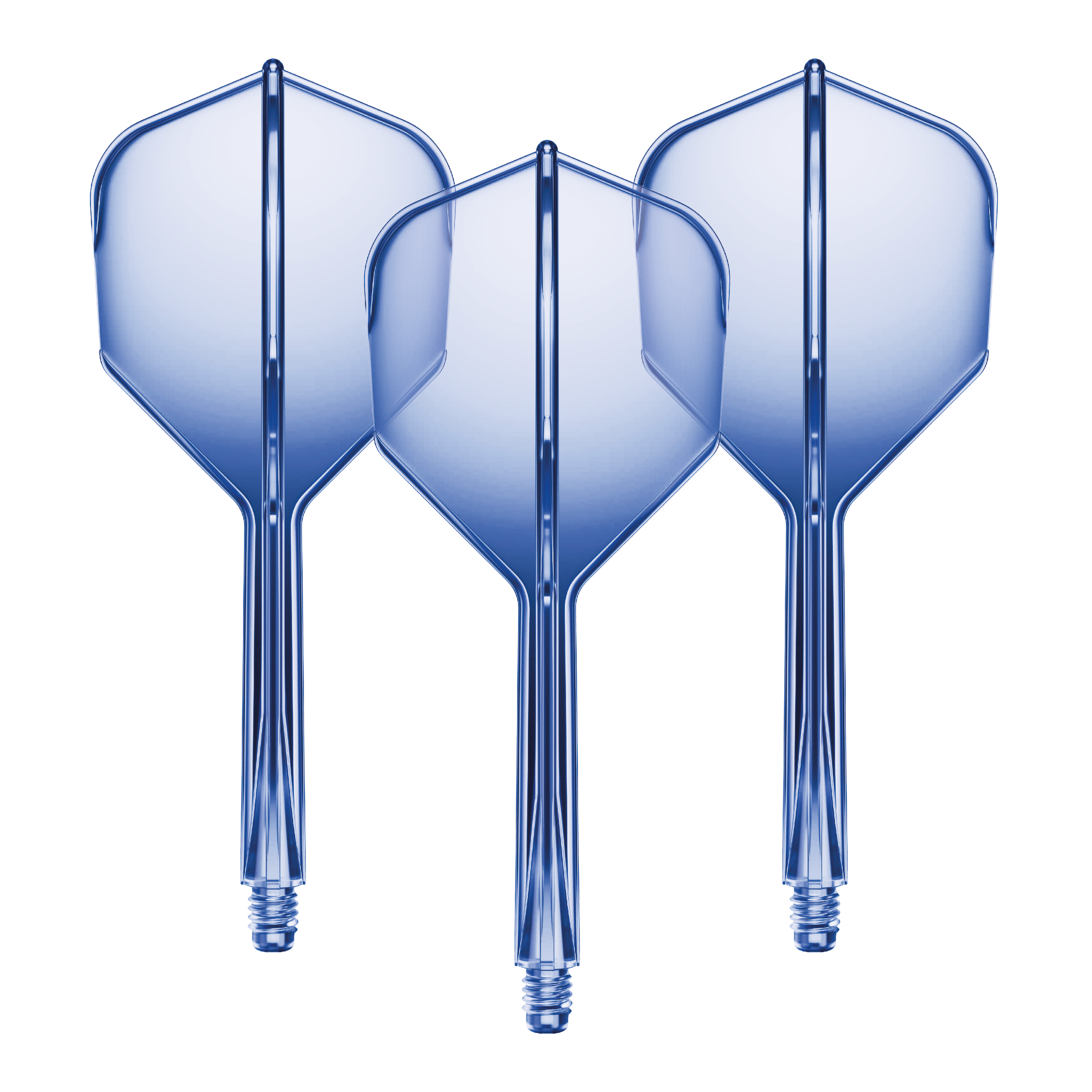 Das Bild zeigt drei blaue Dart-Flights mit integrierten Schäften. Sie sind in einer Reihe angeordnet und haben eine glänzende Oberfläche.