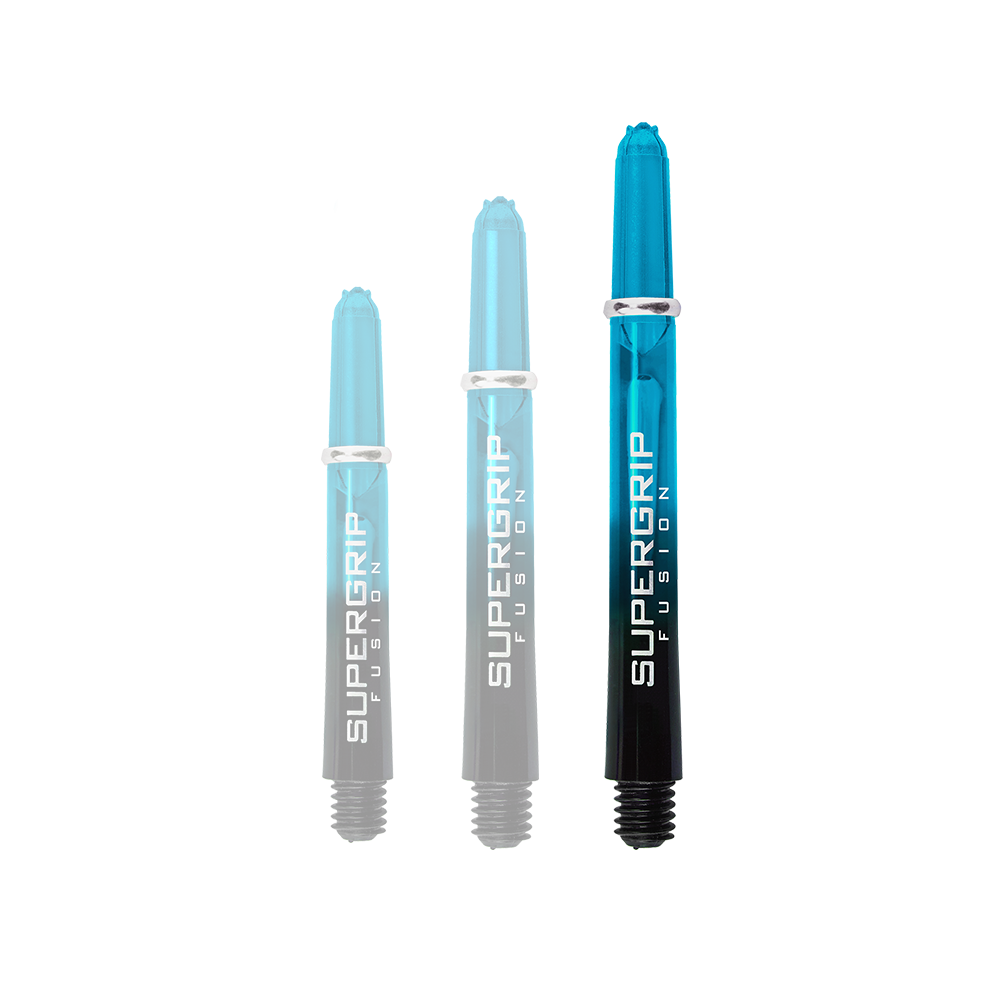 HR347_Harrows_Supergrip_Fusion_Shafts_Aqua_47mm_1apaGBNwKSfWQq Das Bild zeigt drei Harrows Supergrip Fusion Shafts in der Farbe Aqua. Die Dartschäfte sind teilweise schwarz und teilweise durchsichtig blau gefärbt.