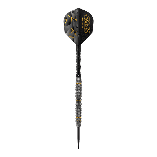 Harrows Opus Steeldarts Das Bild zeigt einen Harrows Opus Steeldart. Der Dartpfeil ist schwarz mit silbernen und goldenen Akzenten und hat eine strukturierte Oberfläche.