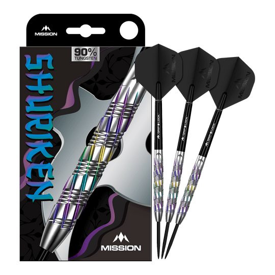 Mission Shuriken Steeldarts Mission Shuriken Steeldarts sind professionelle Steeldarts. Das Bild zeigt das vollständige Set der Mission Shuriken Steeldarts.