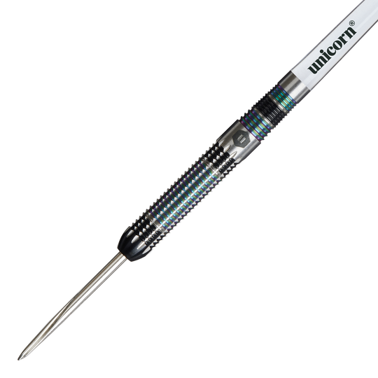 Unicorn Iris Steeldarts Das Bild zeigt einen Unicorn Iris Steeldart mit einer spitzen Metallspitze und einem geriffelten Griff. Auf dem Schaft steht der Markenname "unicorn".