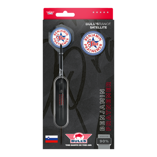 Bulls NL Benjamin Pratnemer Steeldarts - 20g Das Bild zeigt die Verpackung der "Bulls NL Benjamin Pratnemer Steeldarts - 20g". Auf der Verpackung sind ein Dartpfeil, Ersatzflights und der Name Benjamin Pratnemer abgebildet.