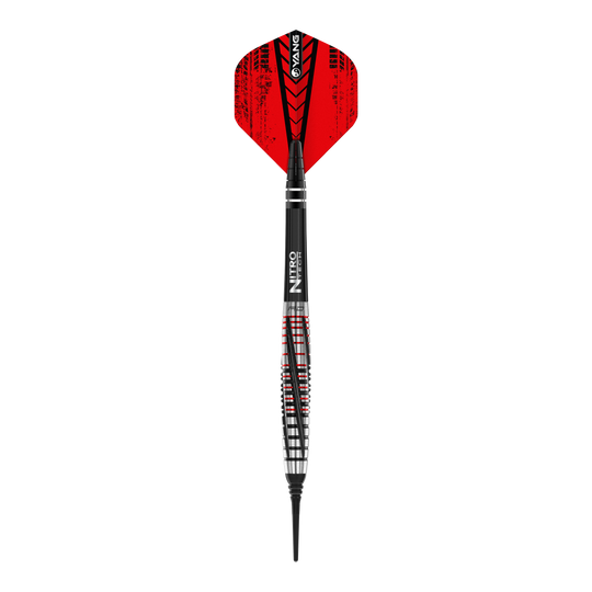 Red Dragon Rifle Softdarts - 20g Das Bild zeigt einen Red Dragon Rifle Softdart mit einem Gewicht von 20 Gramm. Der Dartpfeil hat rote Flights und ein schwarz-silbernes Barrel mit roten Akzenten.