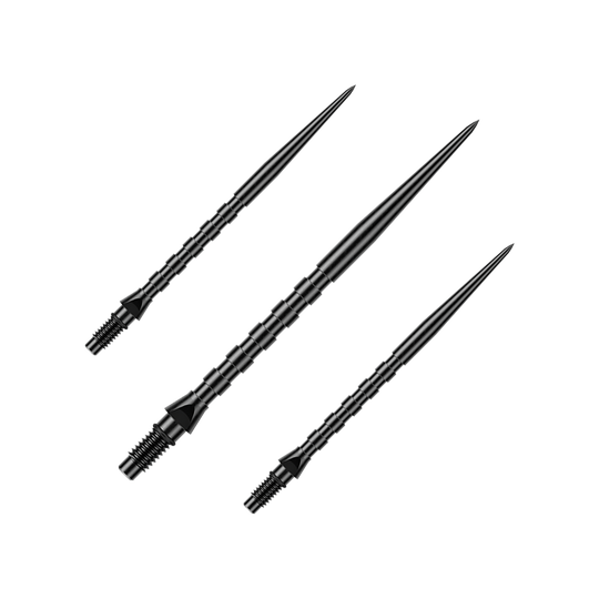 Auf diesem Bild sind Winmau Switch Point Groove Black Steeldartspitzen mit einer Länge von 40 mm als Set abgebildet. Diese Produktaufnahme zeigt schwarze Dartspitzen für Steeldarts.