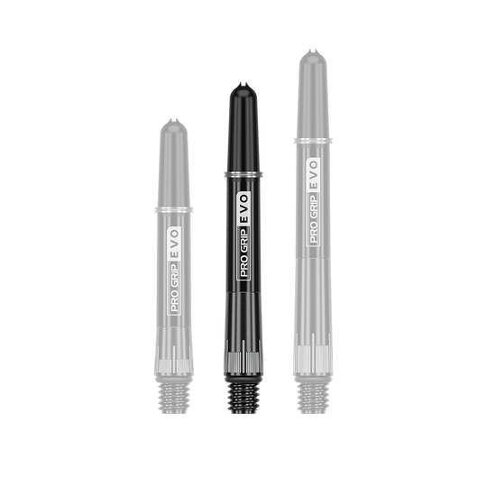 Das Bild zeigt drei schwarze Dartschäfte in unterschiedlichen Längen. Auf den Schäften steht "PRO GRIP EVO" in weißer Schrift.