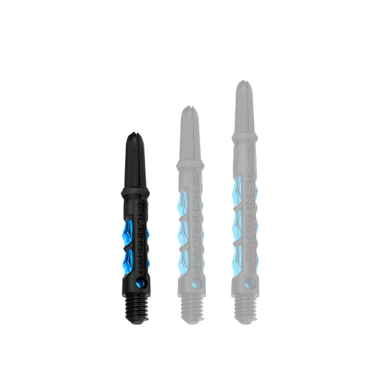 Das Bild zeigt drei Harrows Carbon ST Shafts in der Farbe Aqua. Die Schäfte sind schwarz mit blauen Akzenten und in verschiedenen Längen dargestellt.