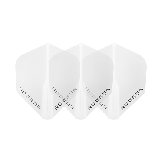Robson Plus Standard Flights Das Bild zeigt drei klare Dart-Flights der Marke Robson. Die Flights sind nebeneinander angeordnet und tragen den Schriftzug "ROBSON".