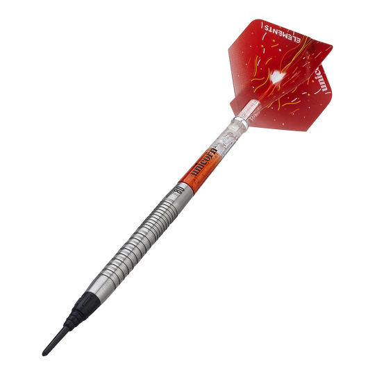 Unicorn Core XL Striker Style 1 Softdarts - 19g Das Bild zeigt einen Unicorn Core XL Striker Style 1 Softdart mit 19g Gewicht. Der Dart hat eine silberne, geriffelte Spitze und rote Flights mit einem auffälligen Design.