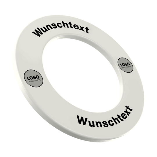 Surround mit Wunschdruck Das Foto zeigt ein Dartboard Surround mit Wunschdruck. Es ist auf weißem Untergrund mit Text-Logo präsentiert.