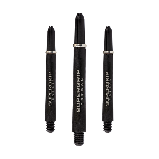 Das Bild zeigt drei Harrows Supergrip Carbon Shafts in Silber. Sie sind schwarze Dartschäfte mit der Aufschrift "Supergrip Carbon" und einem silbernen Ring.