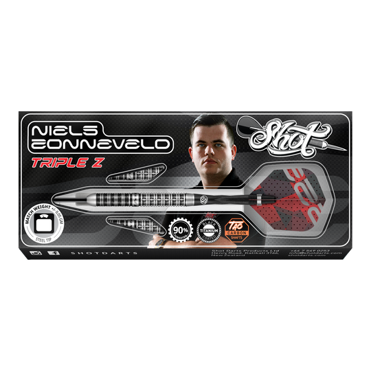 Shot Niels Zonneveld V2 Steeldarts Auf dem Bild ist die Verpackung der "Shot Niels Zonneveld V2 Steeldarts" zu sehen. Die Verpackung zeigt einen Dartpfeil, das Logo und ein Porträt von Niels Zonneveld.