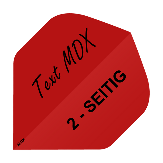 MD-407_2-Seitig_Bedruckte_Flights_Wunschtext_MDX_Rot_Standard_1 Das Bild zeigt ein rotes Quadrat mit schwarzem Text. Darauf steht „Text MDX“ und „2 - SEITIG“.